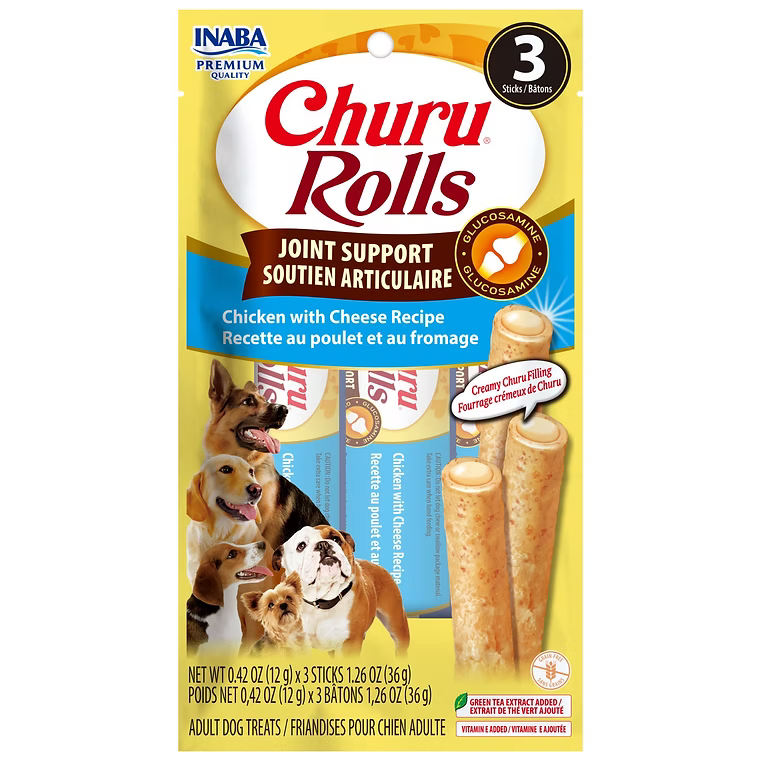 Inaba Dog Churu Rolls – Joint Support, Chicken and Cheese Recipe (Carton of 6, 18x12g)